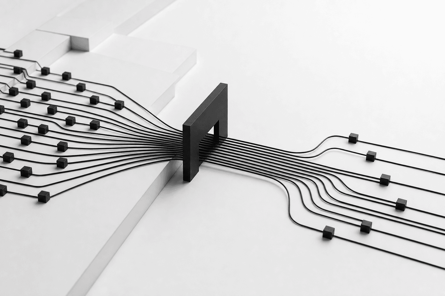An abstract monochrome gateway bringing many request paths through one controlled checkpoint.
